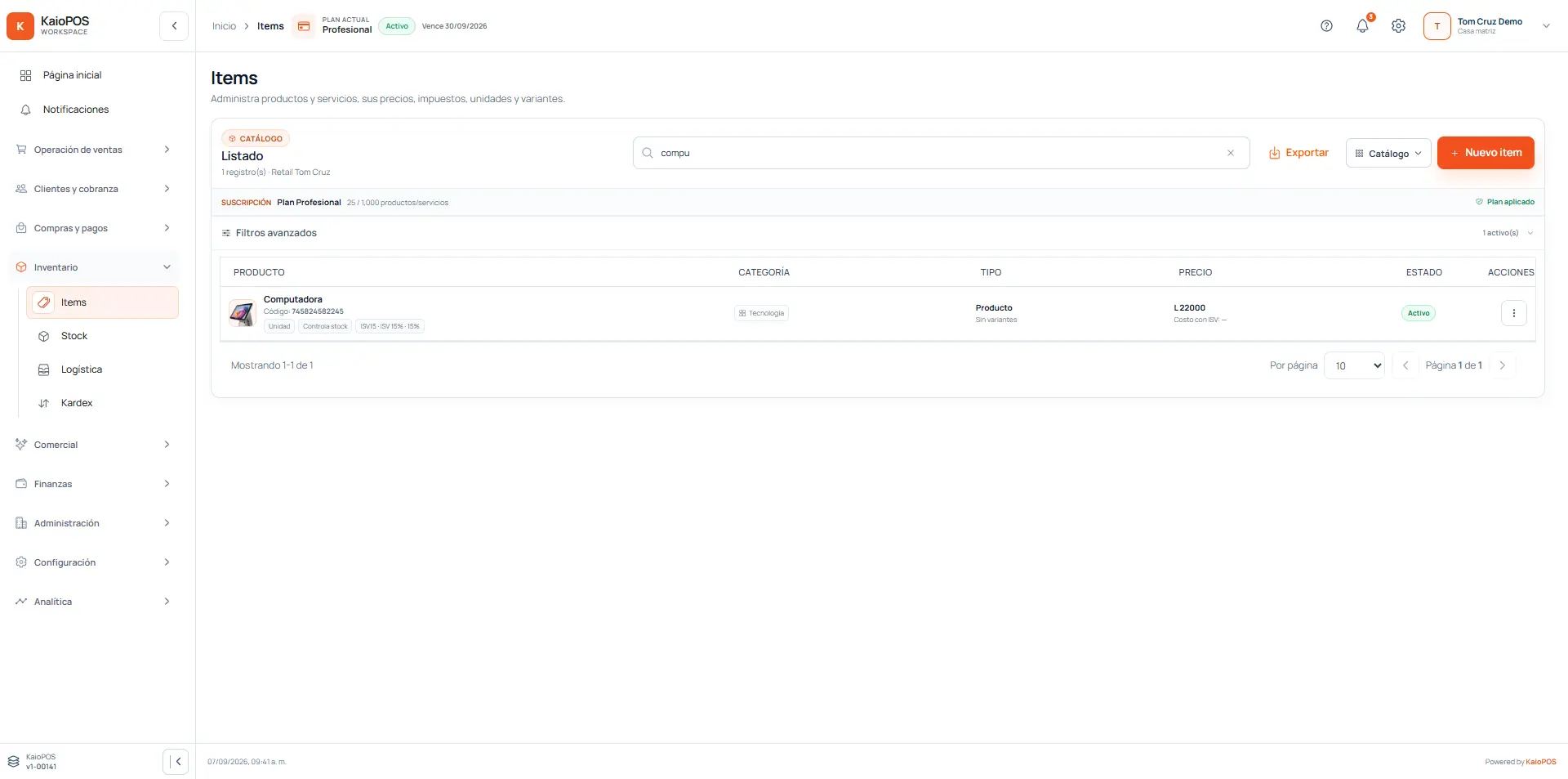 Abre Inventario y selecciona Items en computadora