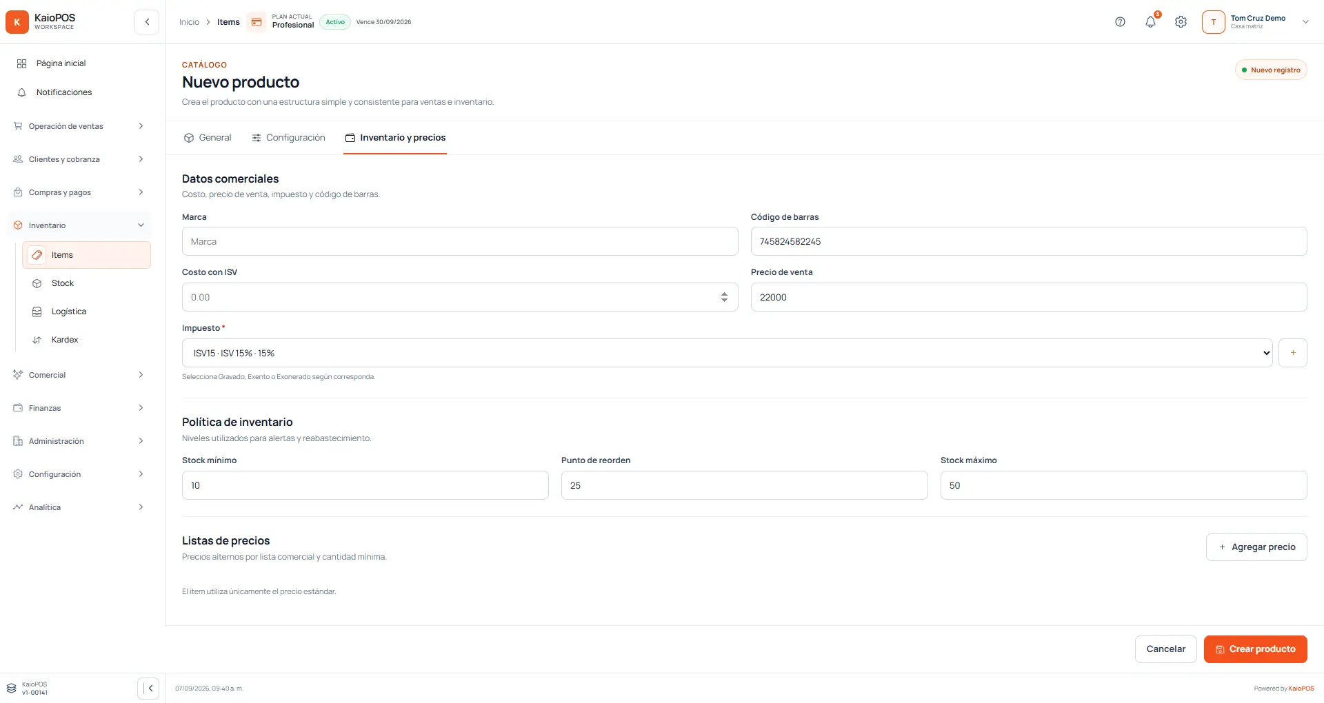 Configura precio, ISV e inventario en computadora
