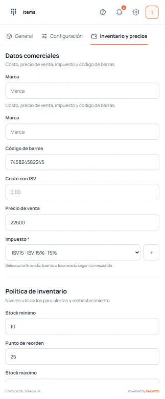 Configura precio, ISV e inventario en teléfono