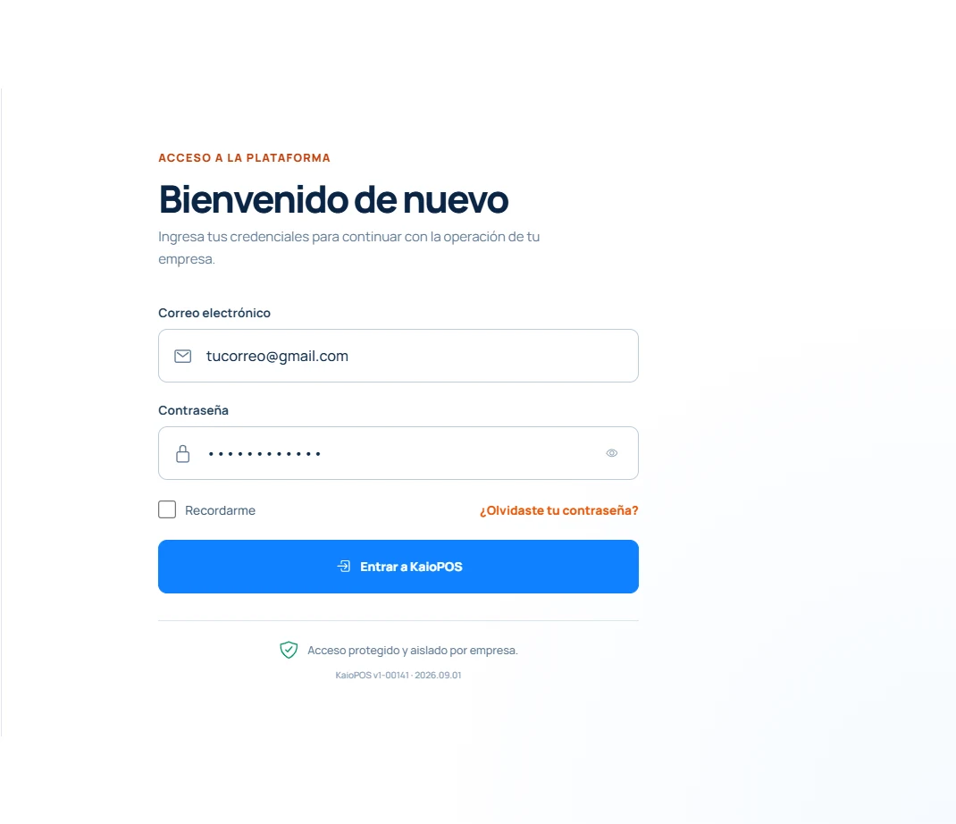 Formulario real de inicio de sesión de KaioPOS en computadora