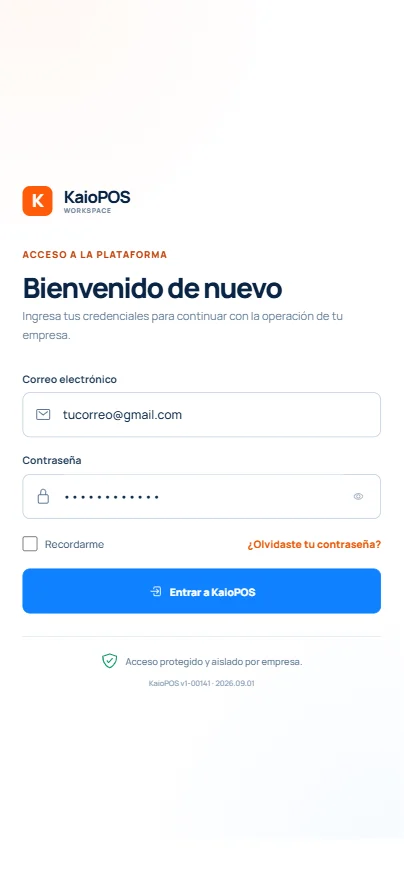 Pantalla real de inicio de sesión de KaioPOS en teléfono
