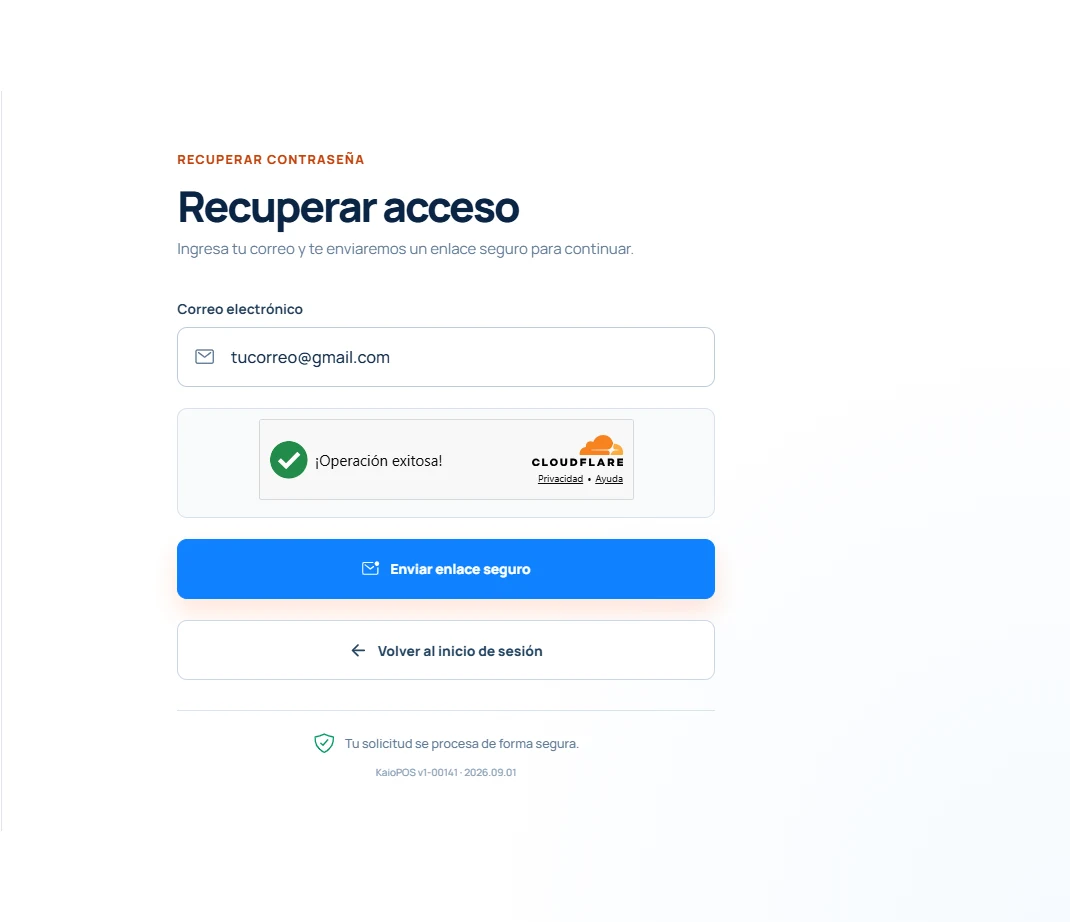 Formulario real de recuperación de contraseña de KaioPOS en computadora