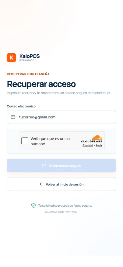 Pantalla real de recuperación de contraseña de KaioPOS en teléfono