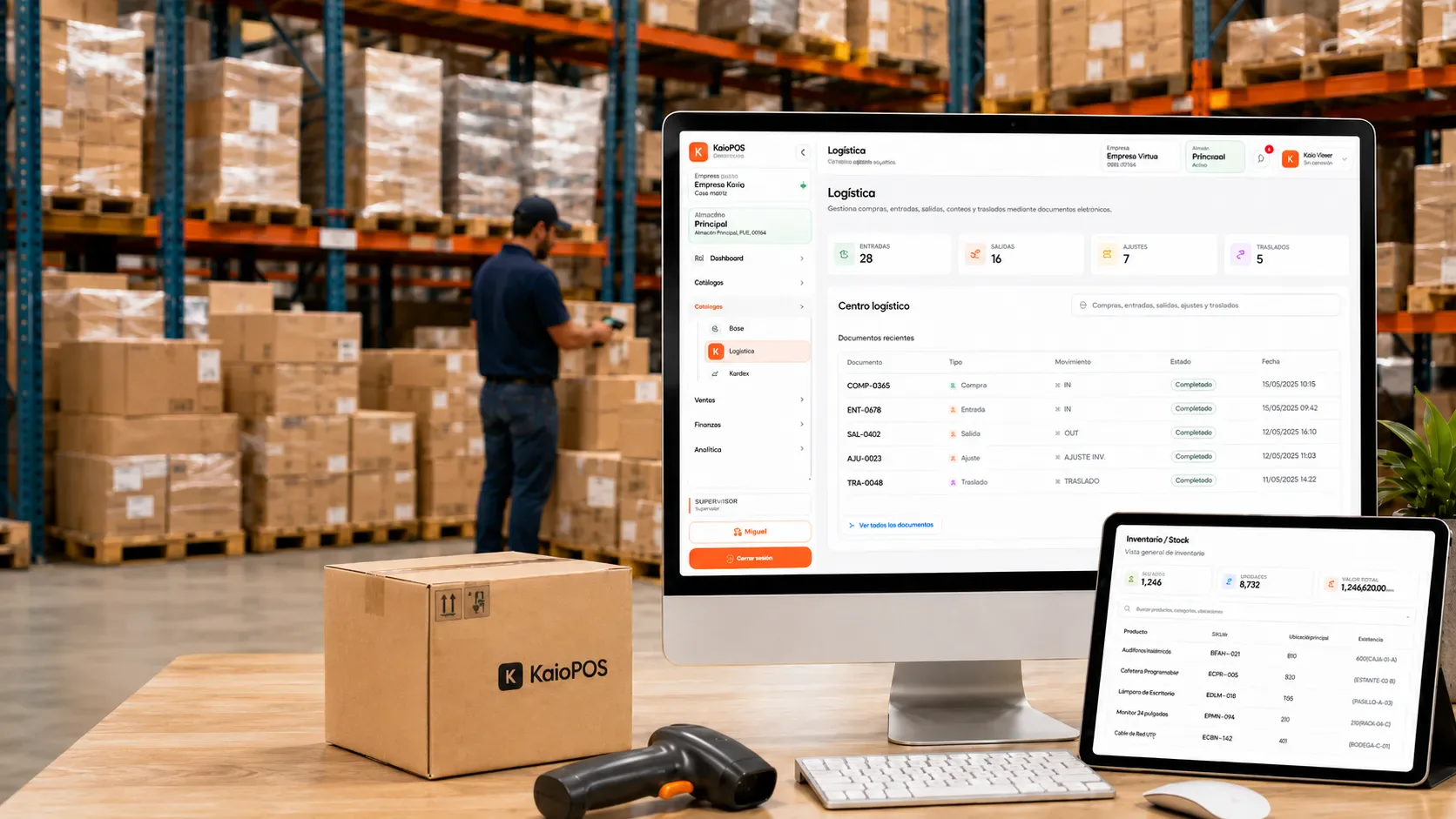 KaioPOS controlando una operación logística desde computadora y tablet